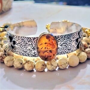 Vintage Oval Baltic Amber Boho Sterling Silver Bracelet